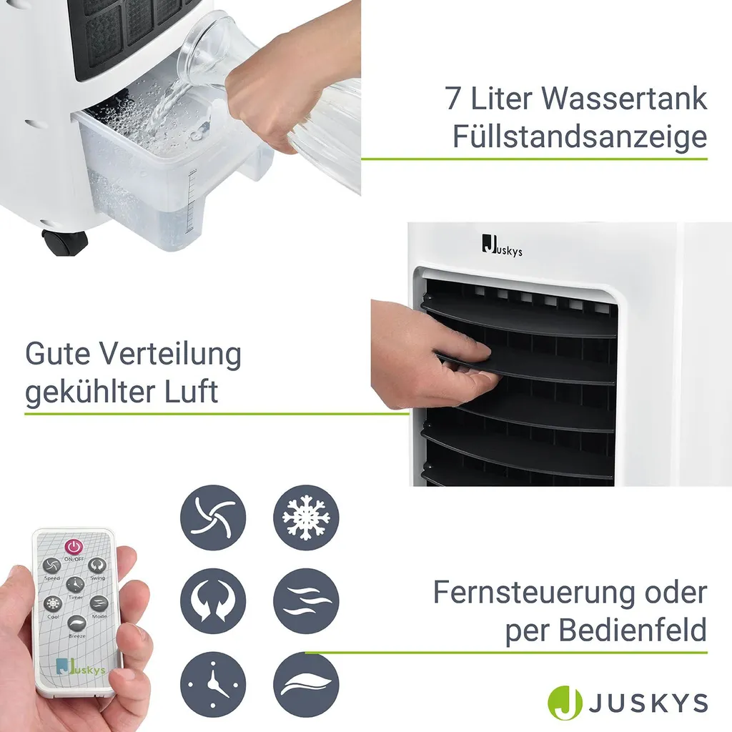 Juskys Mobile Klimaanlage Mit Fernbedienung, Schwingfunktion & Timer – Klimagerät 65 Watt 76 Cm – Luftkühler 3 Geschwindigkeiten – Weiß 6 Juskys Mobile Klimaanlage Mit Fernbedienung, Schwingfunktion & Timer – Klimagerät 65 Watt 76 Cm – Luftkühler 3 Geschwindigkeiten – Weiß – Bild 4