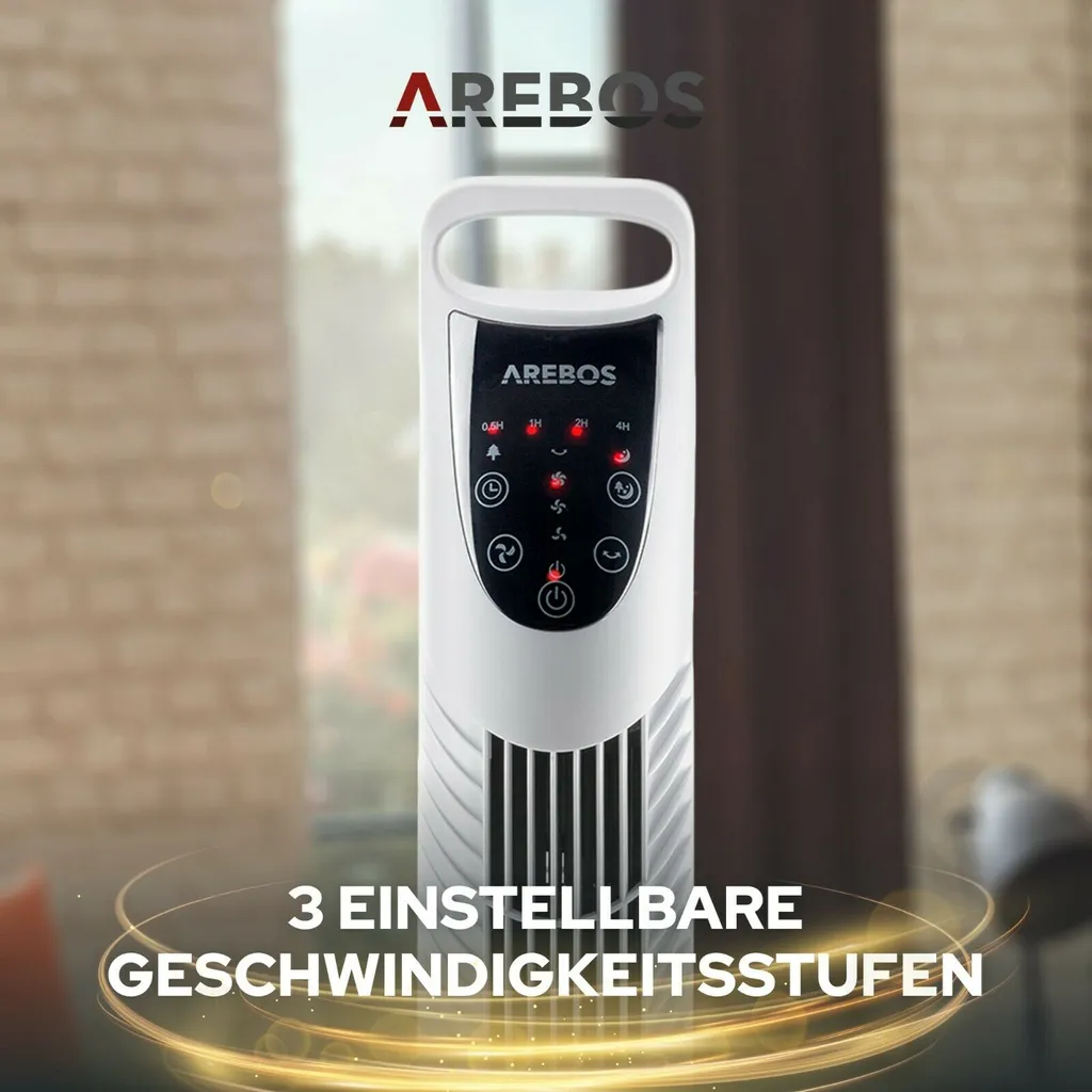 AREBOS Turmventilator Mit Fernbedienung & Timer, 40 Watt, Mit 3 Geschwindigkeitsstufen & Sleep-Modus, Weiß 5 AREBOS Turmventilator Mit Fernbedienung & Timer, 40 Watt, Mit 3 Geschwindigkeitsstufen & Sleep-Modus, Weiß – Bild 3