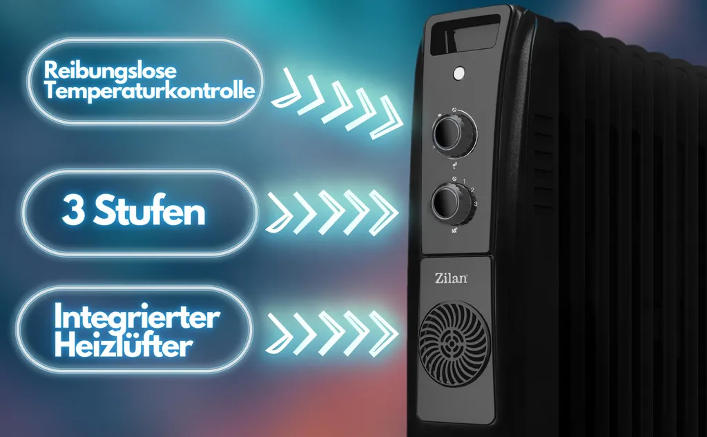 Adler Zilan 9 Rippen Öl Radiator 2.500 Watt | Integrierter Heizlüfter | Elektroheizung | Heizstrahler | 3 Heizstufen | 5 Ölleitungen | Thermostat 4 Adler Zilan 9 Rippen Öl Radiator 2.500 Watt | Integrierter Heizlüfter | Elektroheizung | Heizstrahler | 3 Heizstufen | 5 Ölleitungen | Thermostat – Bild 2