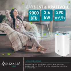 KESSER® Klimaanlage Mobil Klimagerät 4in1 Kühlen, Luftentfeuchter, Lüften, Ventilator - 9000 BTU/h (2.600 Watt) 2,7KW - Klima , Fernbedienung Und Timer, Nachtmodul, Farbe:Weiß -De'Longhi || Rowenta Verkaufsgeschäft 1538a980990cc702f4e5693ea0c9219e