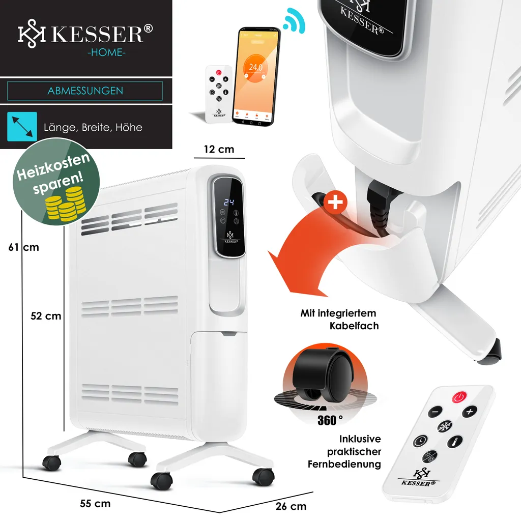 KESSER® Konvektor Elektrische Heizung ECO 2500W Heizkörper Elektroheizung Standheizung Energiesparend Display WiFi App & Fernbedienung Touchscreen - Mobil Radiator 24h Timer Thermostat, Farbe:Weiß 12 KESSER® Konvektor Elektrische Heizung ECO 2500W Heizkörper Elektroheizung Standheizung Energiesparend Display WiFi App & Fernbedienung Touchscreen - Mobil Radiator 24h Timer Thermostat, Farbe:Weiß – Bild 10