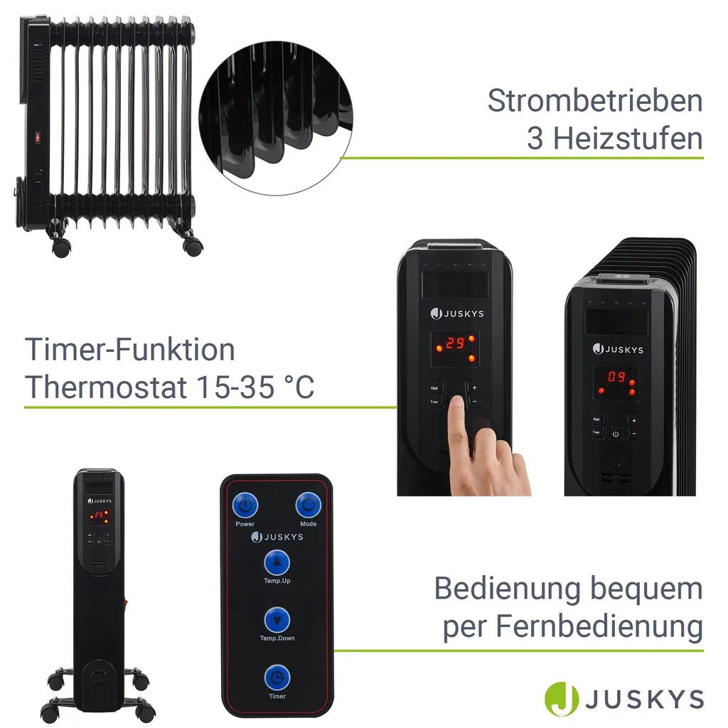 Juskys Elektroheizung Ölradiator 2500 Watt - Heizung Elektrisch Mit 3 Stufen, Thermostat, 12 H-Timer & Überhitzungsschutz - Radiator Schwarz 6 Juskys Elektroheizung Ölradiator 2500 Watt - Heizung Elektrisch Mit 3 Stufen, Thermostat, 12 H-Timer & Überhitzungsschutz - Radiator Schwarz – Bild 4