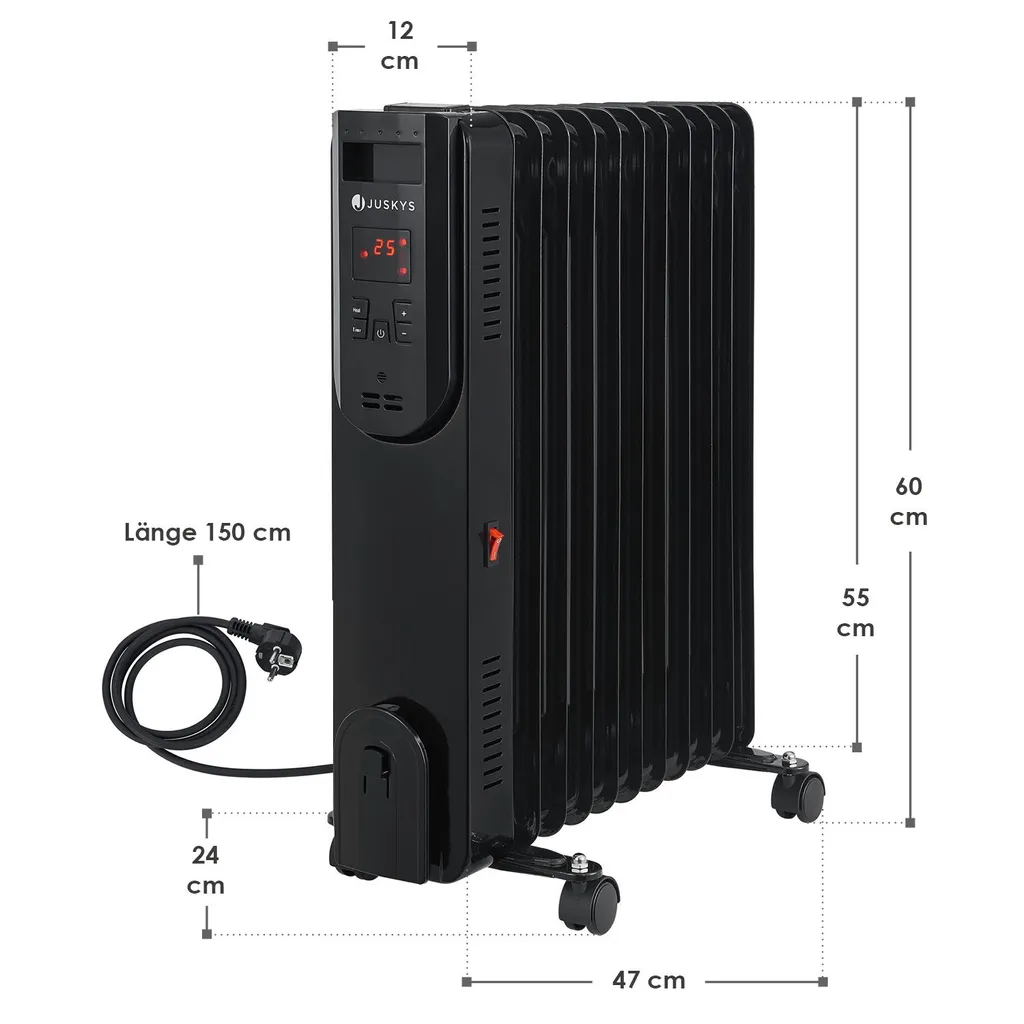 Juskys Elektroheizung Ölradiator 2500 Watt - Heizung Elektrisch Mit 3 Stufen, Thermostat, 12 H-Timer & Überhitzungsschutz - Radiator Schwarz 18 Juskys Elektroheizung Ölradiator 2500 Watt - Heizung Elektrisch Mit 3 Stufen, Thermostat, 12 H-Timer & Überhitzungsschutz - Radiator Schwarz – Bild 16