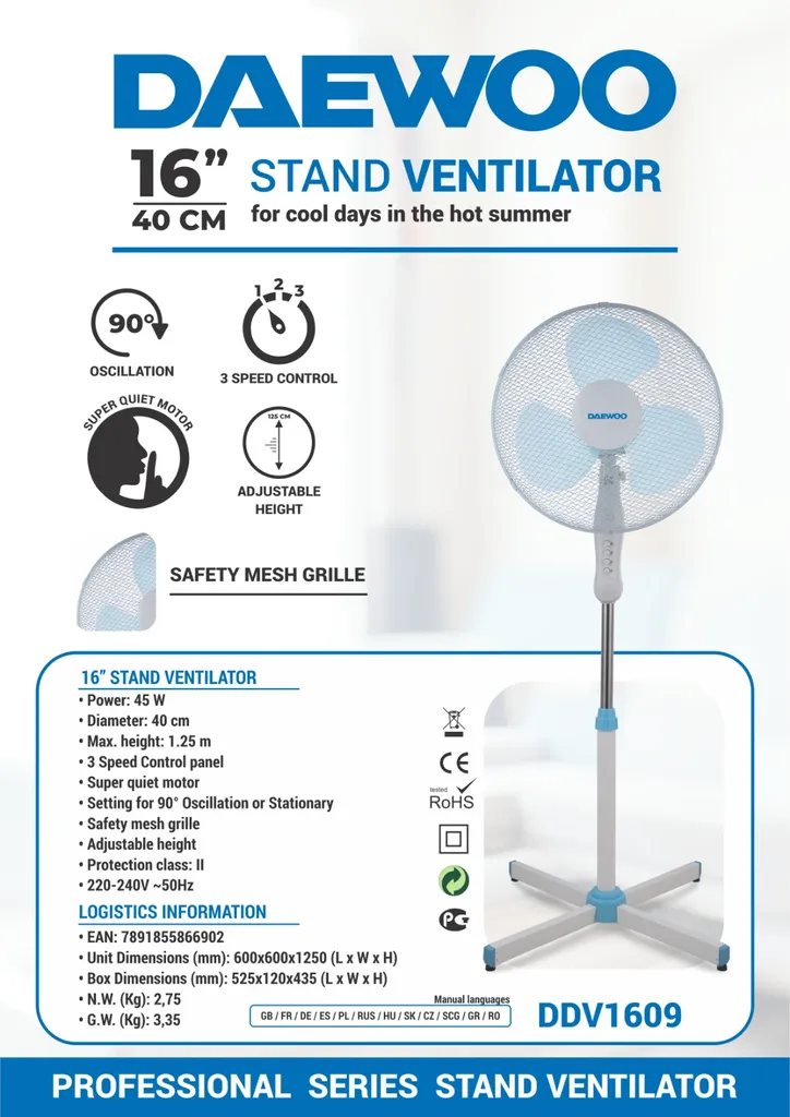 DAEWOO 16" Standventilator Ventilator 3 Geschwindugskeiten Windmaschine Lüfter 45 W 3 DAEWOO 16" Standventilator Ventilator 3 Geschwindugskeiten Windmaschine Lüfter 45 W
