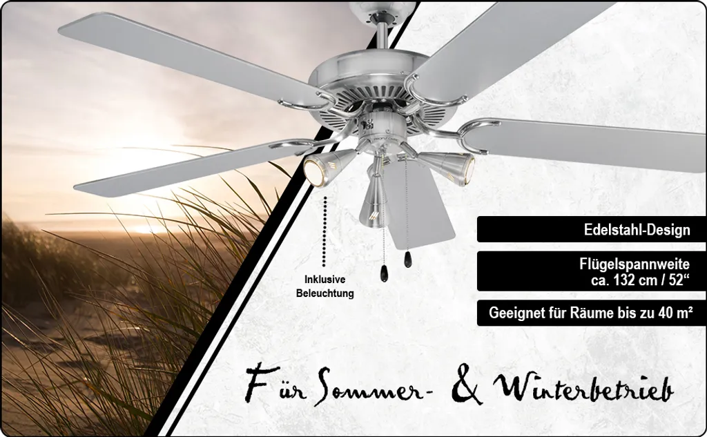 ProfiCare Deckenventilator PC-DVL 3078 5-Flügel-Ventilator Für Räume Bis 40 M² Inkl. Beleuchtung, 4 Leistungs-Stufen, 132cm Durchmesser, 60 Watt, Edelstahl 11 ProfiCare Deckenventilator PC-DVL 3078 5-Flügel-Ventilator Für Räume Bis 40 M² Inkl. Beleuchtung, 4 Leistungs-Stufen, 132cm Durchmesser, 60 Watt, Edelstahl – Bild 9