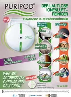 PURIPOD® - Der Lautlose Ionen-Luftreiniger In Minutenschnelle, Hilft Gegen Zigarettenrauch, Haustiergeruch, Essengeruch, Unangenehme Gerüche - Original Aus Der TV-Werbung -De'Longhi || Rowenta Verkaufsgeschäft 22be84fbd00e1e363db80b1e86177137