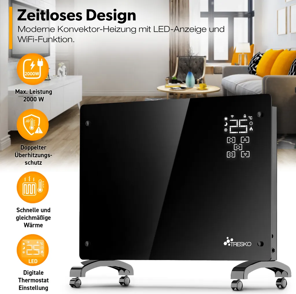 TRESKO® Elektroheizung Schwarz 2000W Inkl. WiFi & APP Glaskonvektor Konvektor Wand Heizung Glas Heizkörper Bad 4 TRESKO® Elektroheizung Schwarz 2000W Inkl. WiFi & APP Glaskonvektor Konvektor Wand Heizung Glas Heizkörper Bad – Bild 2