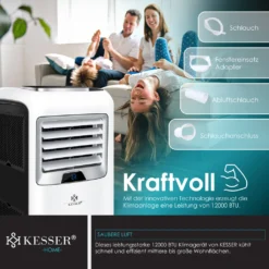 KESSER® – Klimaanlage Mobiles Klimagerät 4in1 Kühlen, Luftentfeuchter, Lüften, Ventilator - 12.000 BTU/h (3.500 Watt) 3,5 KW - Klima Mit Montagematerial, Fernbedienung Und Timer, Nachtmodus (EEK: A), Farbe:Weiß / Schwarz -De'Longhi || Rowenta Verkaufsgeschäft 25d462da7125f9bb890ebc903444717c