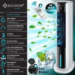 KESSER® 4in1 Mobile Klimaanlage Tower Klimagerät Ventilator/Luftkühler/Luftbefeuchter/Ionisator, Mit Fernbedienung , Timer , Wassertank, 60W, Klima , 2 Kühlakkus Turmventilator, Farbe:Weiß / Schwarz 15 KESSER® 4in1 Mobile Klimaanlage Tower Klimagerät Ventilator/Luftkühler/Luftbefeuchter/Ionisator, Mit Fernbedienung , Timer , Wassertank, 60W, Klima , 2 Kühlakkus Turmventilator, Farbe:Weiß / Schwarz -De'Longhi || Rowenta Verkaufsgeschäft 263047b340d18c61327aa9856ae4cbc8