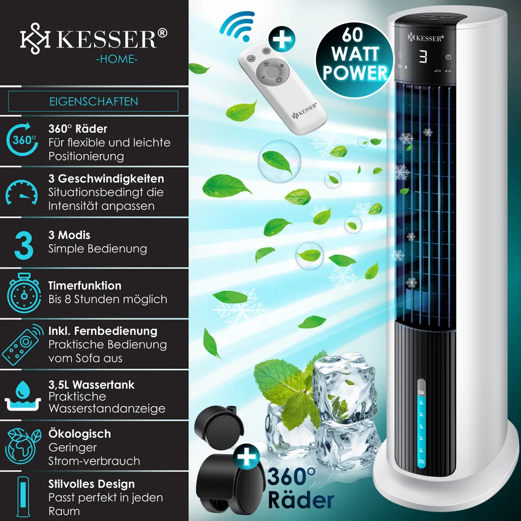KESSER® 4in1 Mobile Klimaanlage Tower Klimagerät Ventilator/Luftkühler/Luftbefeuchter/Ionisator, Mit Fernbedienung , Timer , Wassertank, 60W, Klima , 2 Kühlakkus Turmventilator, Farbe:Weiß / Schwarz 5 KESSER® 4in1 Mobile Klimaanlage Tower Klimagerät Ventilator/Luftkühler/Luftbefeuchter/Ionisator, Mit Fernbedienung , Timer , Wassertank, 60W, Klima , 2 Kühlakkus Turmventilator, Farbe:Weiß / Schwarz – Bild 3
