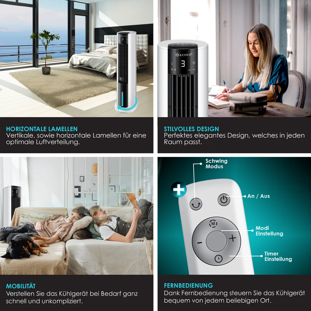KESSER® 4in1 Mobile Klimaanlage Tower Klimagerät Ventilator/Luftkühler/Luftbefeuchter/Ionisator, Mit Fernbedienung , Timer , Wassertank, 60W, Klima , 2 Kühlakkus Turmventilator, Farbe:Weiß / Schwarz 9 KESSER® 4in1 Mobile Klimaanlage Tower Klimagerät Ventilator/Luftkühler/Luftbefeuchter/Ionisator, Mit Fernbedienung , Timer , Wassertank, 60W, Klima , 2 Kühlakkus Turmventilator, Farbe:Weiß / Schwarz – Bild 7