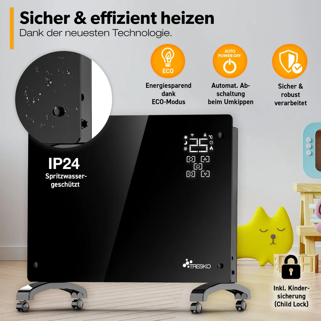 TRESKO® Elektroheizung Schwarz 2000W Inkl. WiFi & APP Glaskonvektor Konvektor Wand Heizung Glas Heizkörper Bad 7 TRESKO® Elektroheizung Schwarz 2000W Inkl. WiFi & APP Glaskonvektor Konvektor Wand Heizung Glas Heizkörper Bad – Bild 5