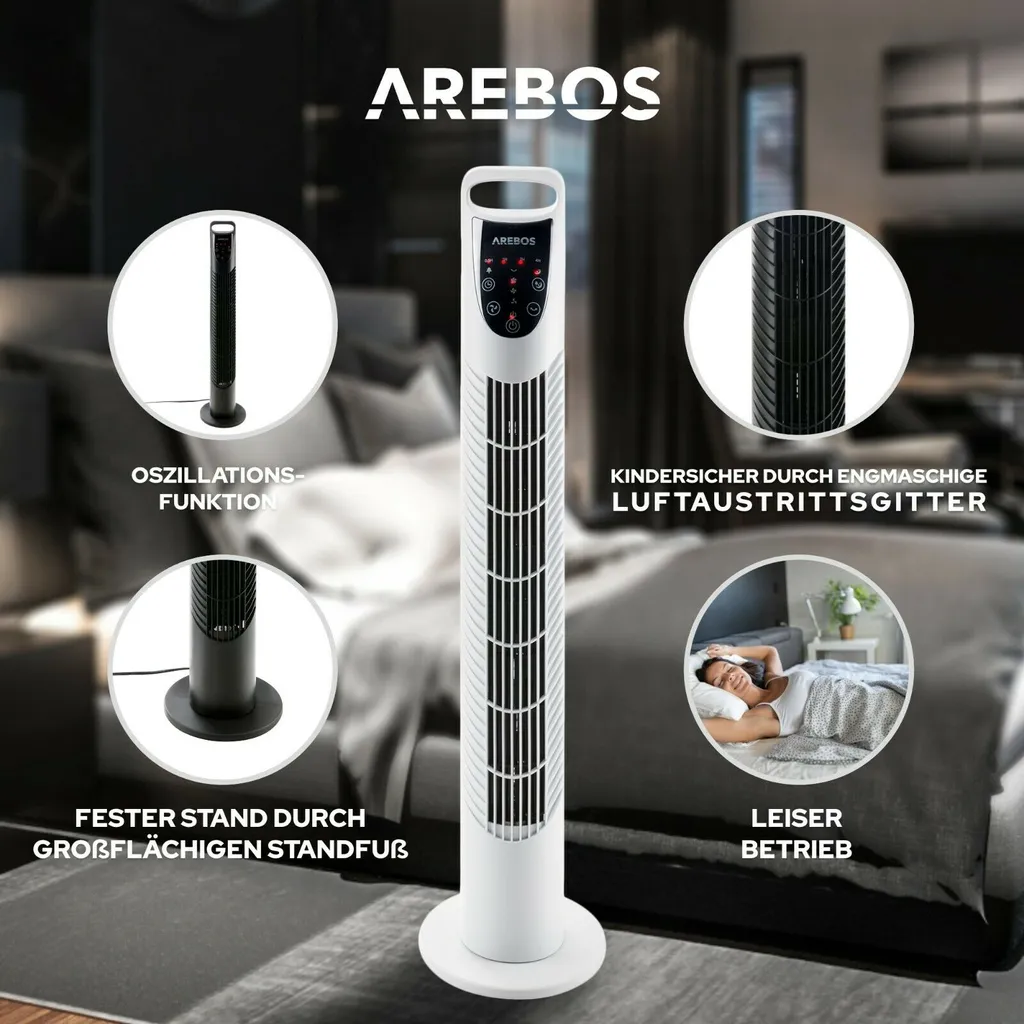 AREBOS Turmventilator Mit Fernbedienung & Timer, 40 Watt, Mit 3 Geschwindigkeitsstufen & Sleep-Modus, Weiß 9 AREBOS Turmventilator Mit Fernbedienung & Timer, 40 Watt, Mit 3 Geschwindigkeitsstufen & Sleep-Modus, Weiß – Bild 7