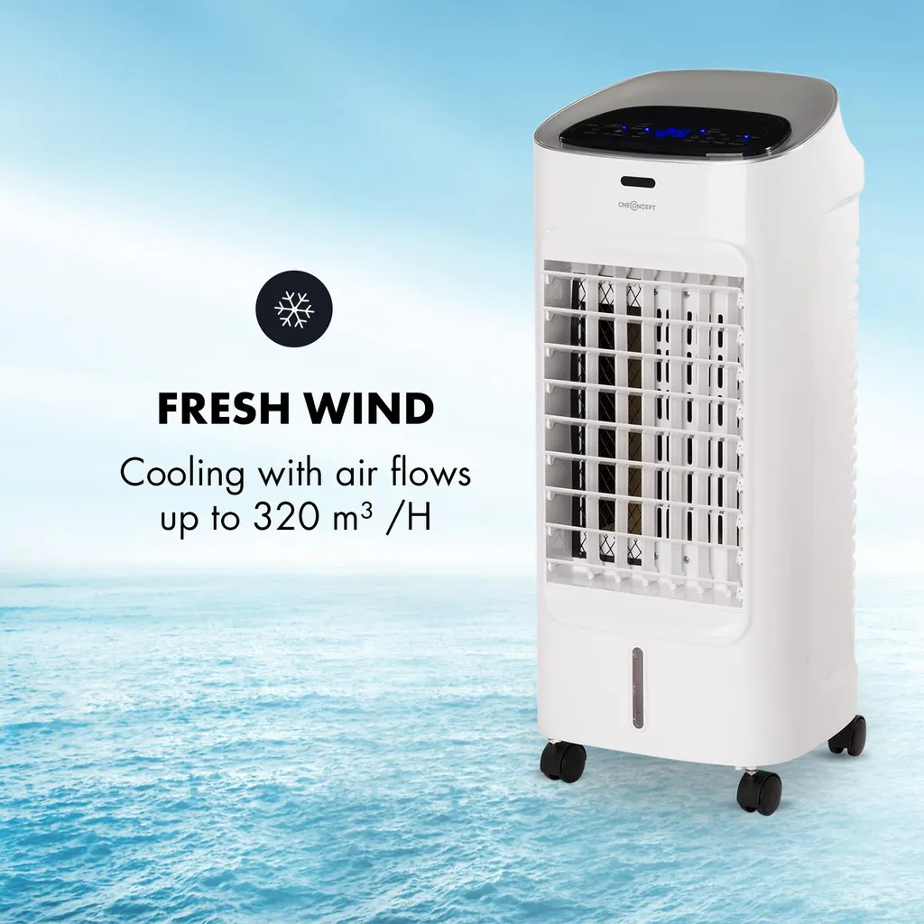 OneConcept Coolster 4-in-1 Klimagerät - Luftkühler, Ventilator, Ionisator Und Luftbefeuchter , 320 M³/h Luftstrom , Zuschaltbarer Oszillation , Abschalt-Timer Bis 9 H , Touch-Bedienung , Weiß 4 OneConcept Coolster 4-in-1 Klimagerät - Luftkühler, Ventilator, Ionisator Und Luftbefeuchter , 320 M³/h Luftstrom , Zuschaltbarer Oszillation , Abschalt-Timer Bis 9 H , Touch-Bedienung , Weiß – Bild 2