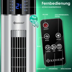 KESSER® Turmventilator Mit Fernbedienung | 3 Stufen | 3 Modi | 107cm | 60 Watt | 7,5 Timer | LED-Leuchten | Tower-Ventilator | Standventilator | Säulenventilator | Luftkühler 90° Oszillierend, Farbe:Silber -De'Longhi || Rowenta Verkaufsgeschäft 2b4aa9cbe0d8ba02431cd16fcdc9bf06
