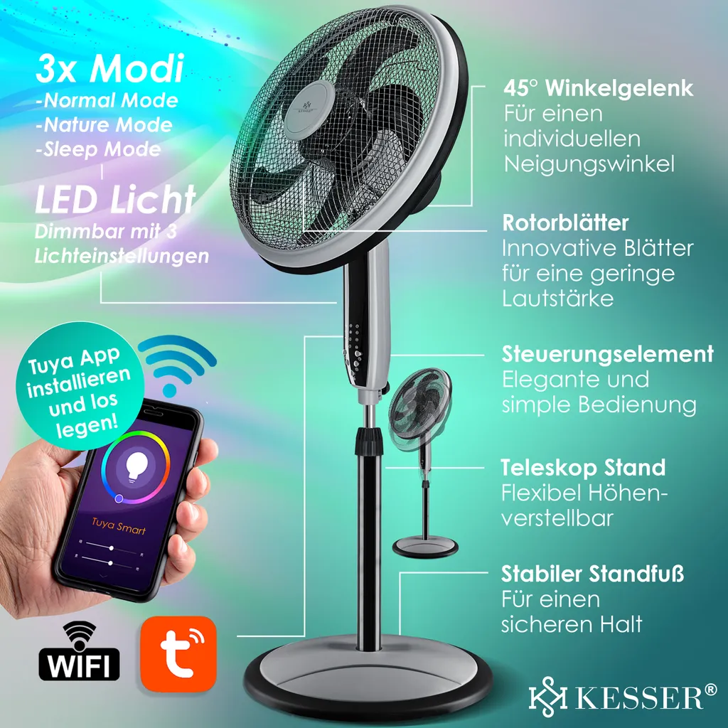KESSER® 3in1 Standventilator Tischventilator Wandventilator Mit App Wifi , Fernbedienung | Timer | Leise Oszillation 80 Grad | Ventilator | 4 Geschwindigkeiten Inkl. Wandhalterung , Farbe:Schwarz 11 KESSER® 3in1 Standventilator Tischventilator Wandventilator Mit App Wifi , Fernbedienung | Timer | Leise Oszillation 80 Grad | Ventilator | 4 Geschwindigkeiten Inkl. Wandhalterung , Farbe:Schwarz – Bild 9