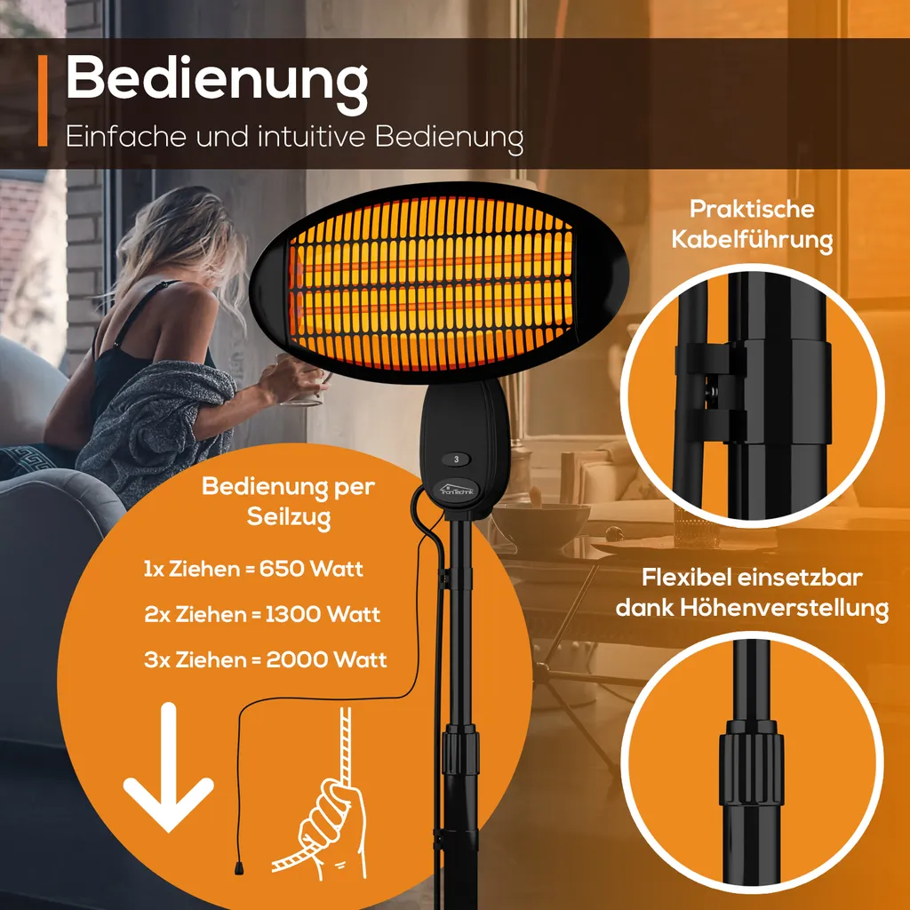 TroniTechnik Quartz-Heizstrahler Mit 3 Stufen, Verstellbarer Teleskopstange Und Kopf 11 TroniTechnik Quartz-Heizstrahler Mit 3 Stufen, Verstellbarer Teleskopstange Und Kopf – Bild 9