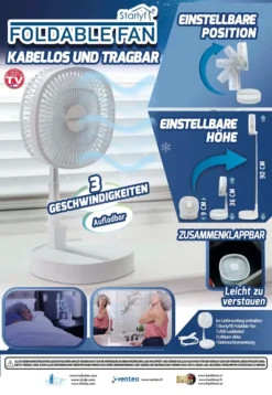 Starlyf® Foldable Fan – Wiederaufladbarer, Kabelloser Und Zusammenklappbarer Ventilator, Akkubetrieb Mit 3 Geschwindigkeiten, 2in1 - Tischventilator Und Standventilator – Aus Der TV Werbung -De'Longhi || Rowenta Verkaufsgeschäft 34f6898c36299fdd48cbe883dec23794
