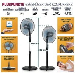 RelaxxNow Super Leiser Standventilator Mit 45W Motoren Leistung, Oszillierender Ventilator Mit 3 Geschwindigkeitsstufen Und Höhenverstellbarkeit Bis 131cm, 41 DB Schlafmodus & 41cm Durchmesser, VTX100 -De'Longhi || Rowenta Verkaufsgeschäft 36a928236e6ea7103caa504a451b2829