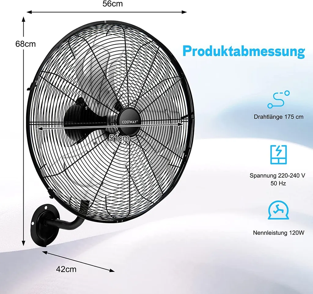 COSTWAY Φ56cm Wand-Ventilator Industriell, Oszillierend Ventilator 3 Stufen Für Lager, Treibhaus, Werkstatt, Terrasse Und Keller 8 COSTWAY Φ56cm Wand-Ventilator Industriell, Oszillierend Ventilator 3 Stufen Für Lager, Treibhaus, Werkstatt, Terrasse Und Keller – Bild 6