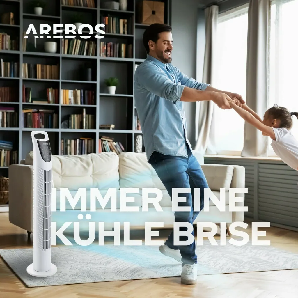 AREBOS Turmventilator Mit Fernbedienung & Timer, 40 Watt, Mit 3 Geschwindigkeitsstufen & Sleep-Modus, Weiß 11 AREBOS Turmventilator Mit Fernbedienung & Timer, 40 Watt, Mit 3 Geschwindigkeitsstufen & Sleep-Modus, Weiß – Bild 9