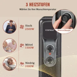 COSTWAY 2500W Ölradiator 11 Rippen Heizkörper 5-35℃, Elektrische Heizung 3 Heizstufen Mobil Mit Räder, Überhitzungsschutz -De'Longhi || Rowenta Verkaufsgeschäft 3cd52e8d748394605735f76471c64b7f