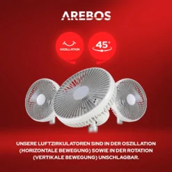 AREBOS USB-Tischventilator Mit Timer, Wiederaufladbarer 2500 MAh – Akku, 45° Neigbar, Ventilator Mit 3 Geschwindigkeitsstufen, Inkl. USB-Kabel -De'Longhi || Rowenta Verkaufsgeschäft 3d31b1f6b865a8f5063c81e0d14fef86