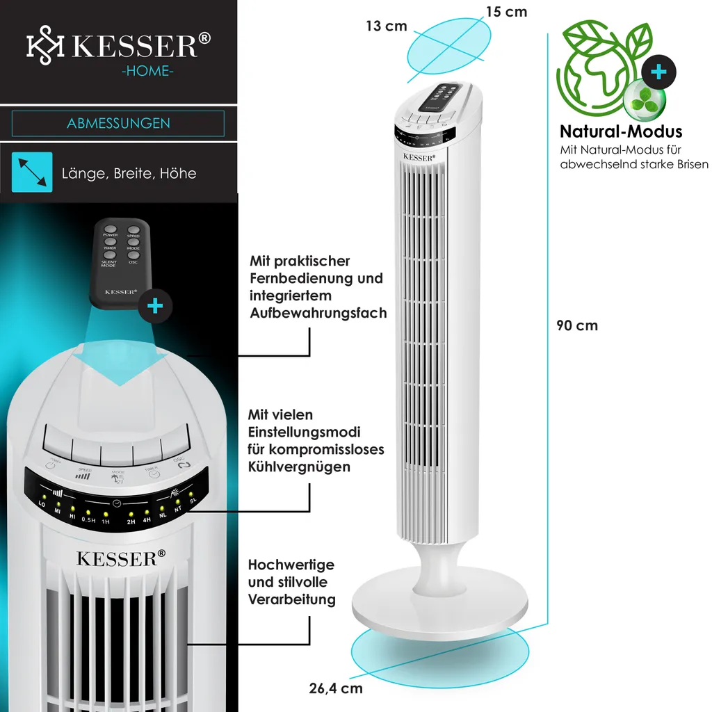 KESSER Turmventilator FERNBEDIENUNG Ventilator LED Display Standventilator Klimaanlage, Farbe:Weiß 10 KESSER Turmventilator FERNBEDIENUNG Ventilator LED Display Standventilator Klimaanlage, Farbe:Weiß – Bild 8
