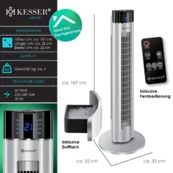 KESSER® Turmventilator Mit Fernbedienung | 3 Stufen | 3 Modi | 107cm | 60 Watt | 7,5 Timer | LED-Leuchten | Tower-Ventilator | Standventilator | Säulenventilator | Luftkühler 90° Oszillierend, Farbe:Silber -De'Longhi || Rowenta Verkaufsgeschäft 45f45953db4a8f35988b1fdf7fe00d58