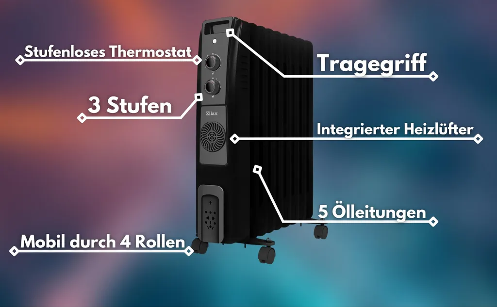 Adler Zilan 9 Rippen Öl Radiator 2.500 Watt | Integrierter Heizlüfter | Elektroheizung | Heizstrahler | 3 Heizstufen | 5 Ölleitungen | Thermostat 7 Adler Zilan 9 Rippen Öl Radiator 2.500 Watt | Integrierter Heizlüfter | Elektroheizung | Heizstrahler | 3 Heizstufen | 5 Ölleitungen | Thermostat – Bild 5
