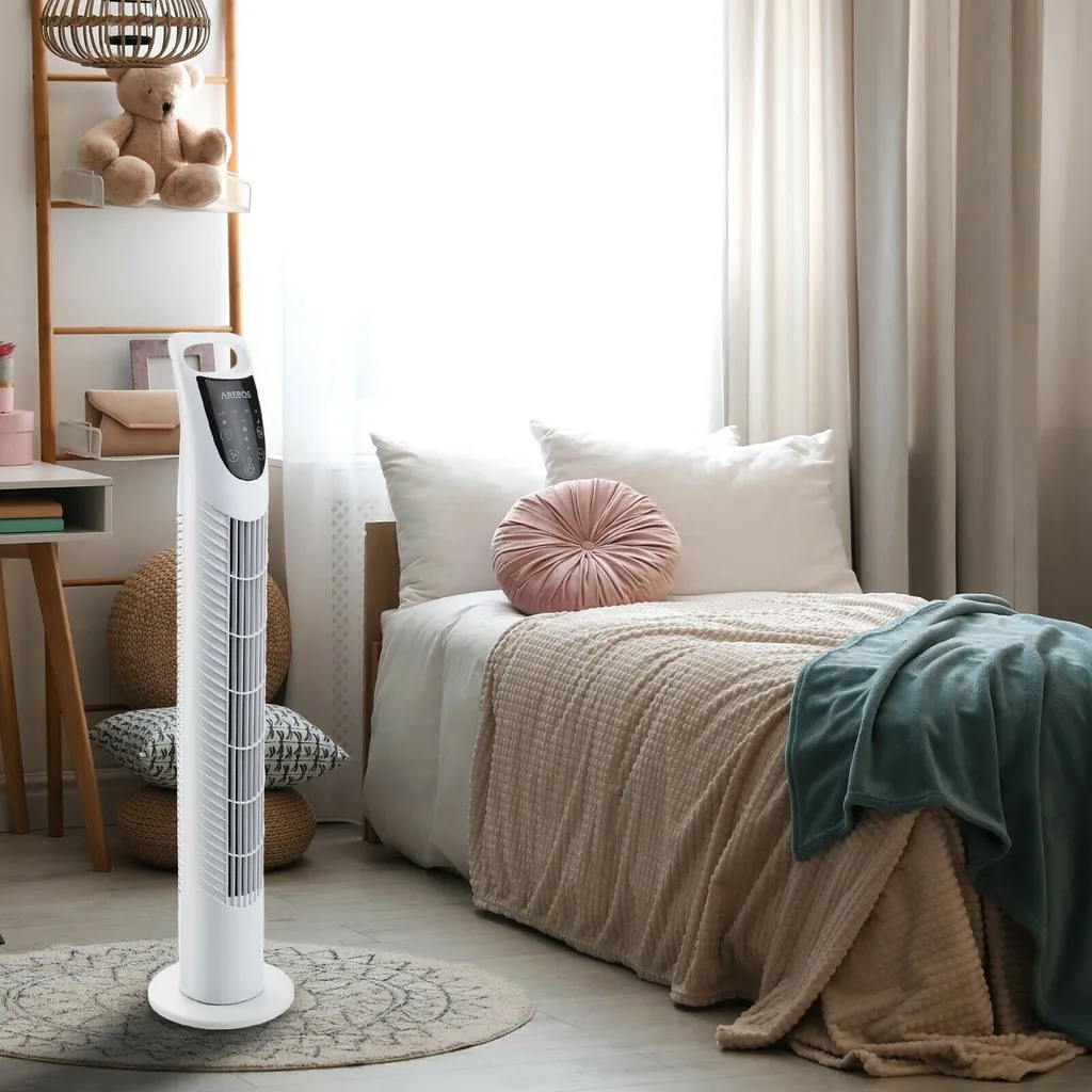 AREBOS Turmventilator Mit Fernbedienung & Timer, 40 Watt, Mit 3 Geschwindigkeitsstufen & Sleep-Modus, Weiß 4 AREBOS Turmventilator Mit Fernbedienung & Timer, 40 Watt, Mit 3 Geschwindigkeitsstufen & Sleep-Modus, Weiß – Bild 2