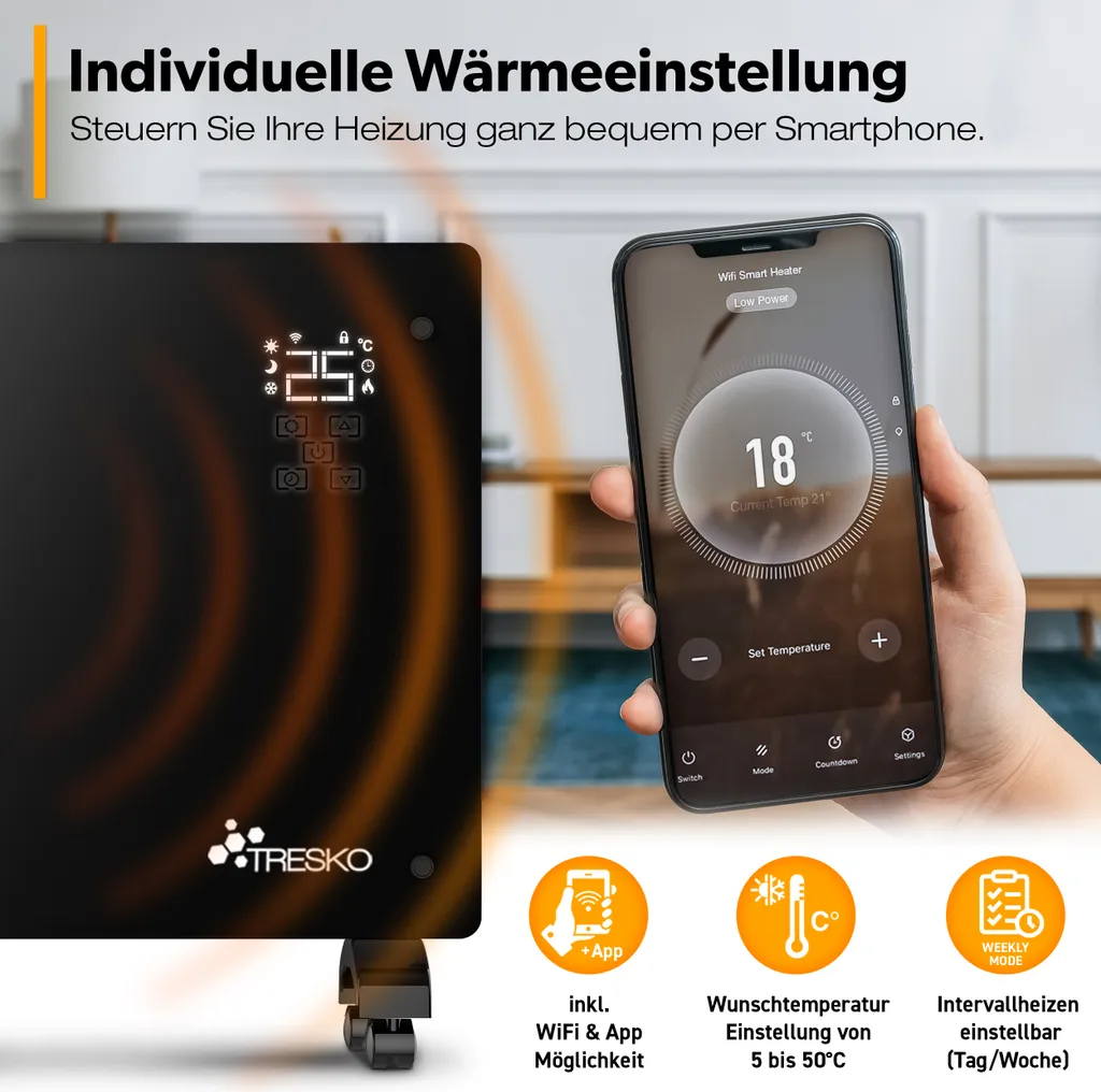 TRESKO® Elektroheizung Schwarz 2000W Inkl. WiFi & APP Glaskonvektor Konvektor Wand Heizung Glas Heizkörper Bad 8 TRESKO® Elektroheizung Schwarz 2000W Inkl. WiFi & APP Glaskonvektor Konvektor Wand Heizung Glas Heizkörper Bad – Bild 6