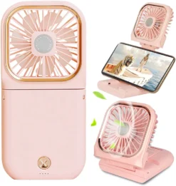 4 In 1 Handventilator, Tischventilator, Halslüfter, Handyhalter, Mit 3000mAh Powerbank, USB Faltbarer 3 Gang Ventilator, 180° Drehbarer Lüfter, Rosa
