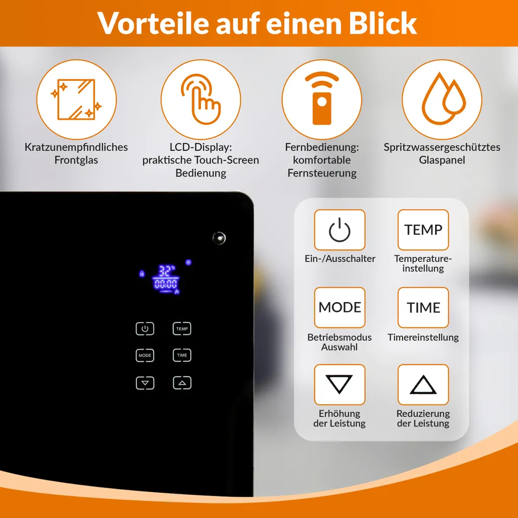 Glaskonvektor Elektroheizung Konvektor-Heizung 24h-Timer LCD-Display Touchscreen Fernbedienung - Mobile Energiesparende Leise Heizung Standgerät Heizkörper Thermostat (Schwarz 2000W) 5 Glaskonvektor Elektroheizung Konvektor-Heizung 24h-Timer LCD-Display Touchscreen Fernbedienung - Mobile Energiesparende Leise Heizung Standgerät Heizkörper Thermostat (Schwarz 2000W) – Bild 3