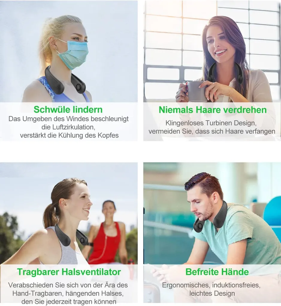 Nackenventilator Mini Ventilator USB Ventilator Nackenventilator 2000 MAh Fan 3 Stufen Halsventilator,Schwarz 5 Nackenventilator Mini Ventilator USB Ventilator Nackenventilator 2000 MAh Fan 3 Stufen Halsventilator,Schwarz – Bild 3