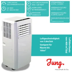 JUNG AIR TV05 Mobiles Klimagerät Mit Fernbedienung + Abluft-Schlauch - 3,2 KW/11000 BTU - STROMSPAREND, GERÄUSCHARM -100m³ Raum Kühlung, Klimaanlage Mobil Leise, Weiß -De'Longhi || Rowenta Verkaufsgeschäft 65fd32cd257322d63d8581747e386cd7