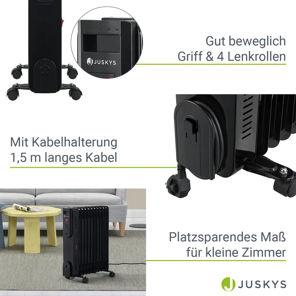 Juskys Elektroheizung Ölradiator 2500 Watt - Heizung Elektrisch Mit 3 Stufen, Thermostat, 12 H-Timer & Überhitzungsschutz - Radiator Schwarz 7 Juskys Elektroheizung Ölradiator 2500 Watt - Heizung Elektrisch Mit 3 Stufen, Thermostat, 12 H-Timer & Überhitzungsschutz - Radiator Schwarz – Bild 5