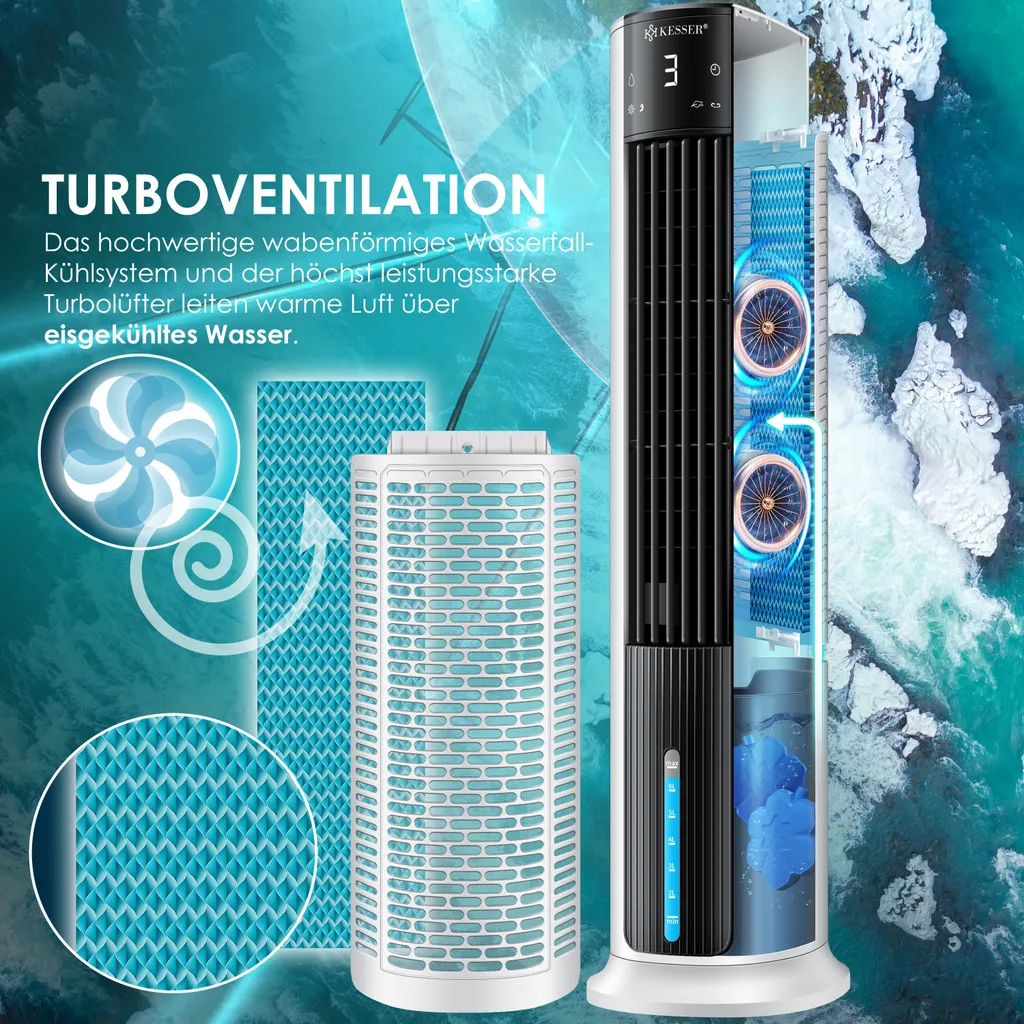 KESSER® 4in1 Mobile Klimaanlage Tower Klimagerät Ventilator/Luftkühler/Luftbefeuchter/Ionisator, Mit Fernbedienung , Timer , Wassertank, 60W, Klima , 2 Kühlakkus Turmventilator, Farbe:Weiß / Schwarz 11 KESSER® 4in1 Mobile Klimaanlage Tower Klimagerät Ventilator/Luftkühler/Luftbefeuchter/Ionisator, Mit Fernbedienung , Timer , Wassertank, 60W, Klima , 2 Kühlakkus Turmventilator, Farbe:Weiß / Schwarz – Bild 9