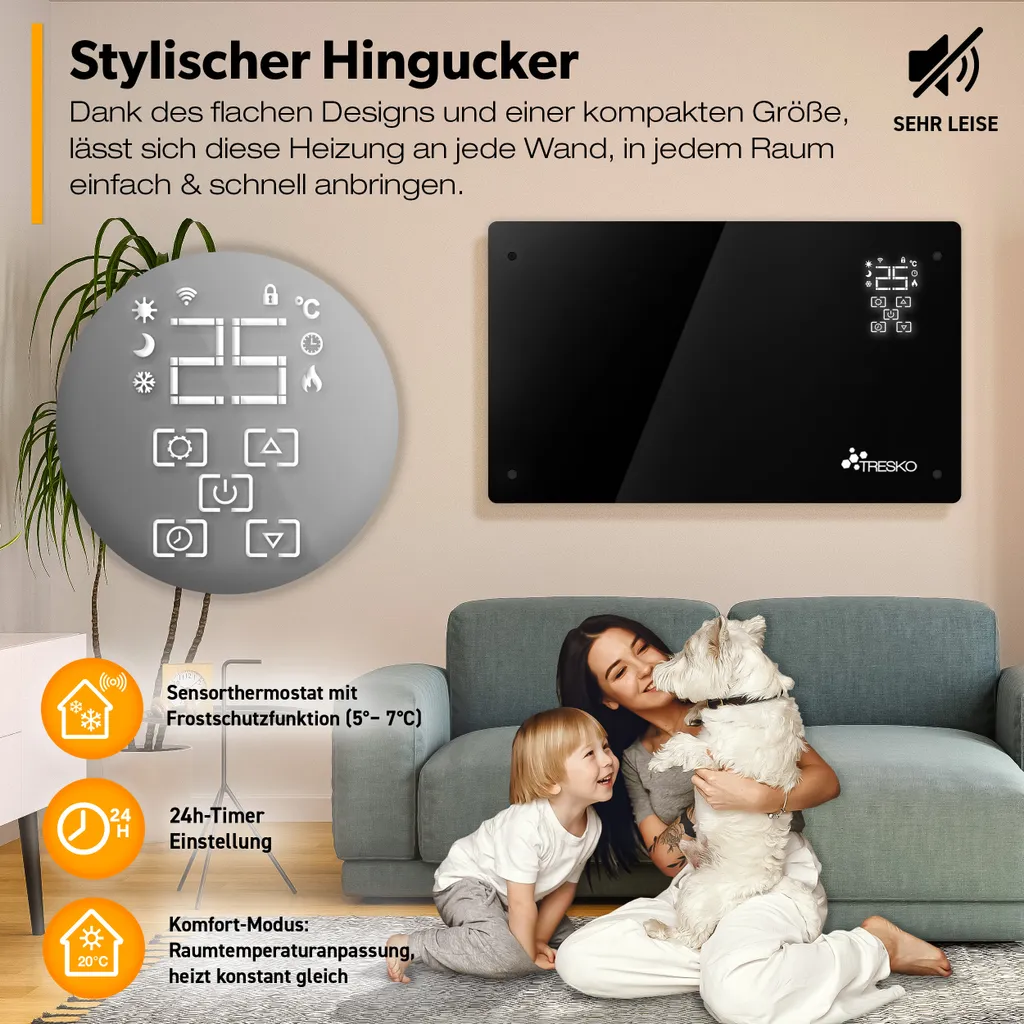 TRESKO® Elektroheizung Schwarz 2000W Inkl. WiFi & APP Glaskonvektor Konvektor Wand Heizung Glas Heizkörper Bad 9 TRESKO® Elektroheizung Schwarz 2000W Inkl. WiFi & APP Glaskonvektor Konvektor Wand Heizung Glas Heizkörper Bad – Bild 7