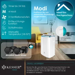 KESSER® Klimaanlage Mobil Klimagerät 4in1 Kühlen, Luftentfeuchter, Lüften, Ventilator - 9000 BTU/h (2.600 Watt) 2,7KW - Klima , Fernbedienung Und Timer, Nachtmodul, Farbe:Weiß -De'Longhi || Rowenta Verkaufsgeschäft 71e5d0222d3110ef2db1288d2ba8e6d7