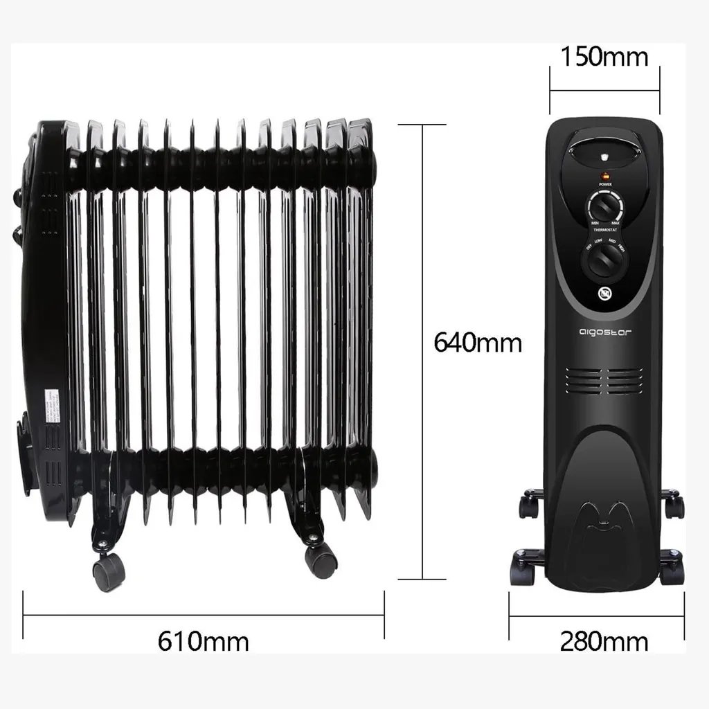 Aigostar Ölradiator Energiesparend 2500W Elektrische Heizung Mobile Ölgefüllter Elektro Heizkörper, Radiator 13 Rippen, 3 Heizstufen, Thermostat Überhitzungsschutz, Schwarz 8 Aigostar Ölradiator Energiesparend 2500W Elektrische Heizung Mobile Ölgefüllter Elektro Heizkörper, Radiator 13 Rippen, 3 Heizstufen, Thermostat Überhitzungsschutz, Schwarz – Bild 6