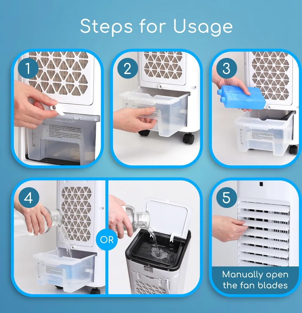 Aigostar 3,5L Mobiler Luftkühler 4-in-1 Mit 3 Stufen, LED Anzeige, Klima Ventilator Mit Fernbedienung, Mobiles Klimagerät Ohne Abluftschlauch Inkl. Timer & Oszillation Aircooler (Weiß/Schwarz) 9 Aigostar 3,5L Mobiler Luftkühler 4-in-1 Mit 3 Stufen, LED Anzeige, Klima Ventilator Mit Fernbedienung, Mobiles Klimagerät Ohne Abluftschlauch Inkl. Timer & Oszillation Aircooler (Weiß/Schwarz) – Bild 7