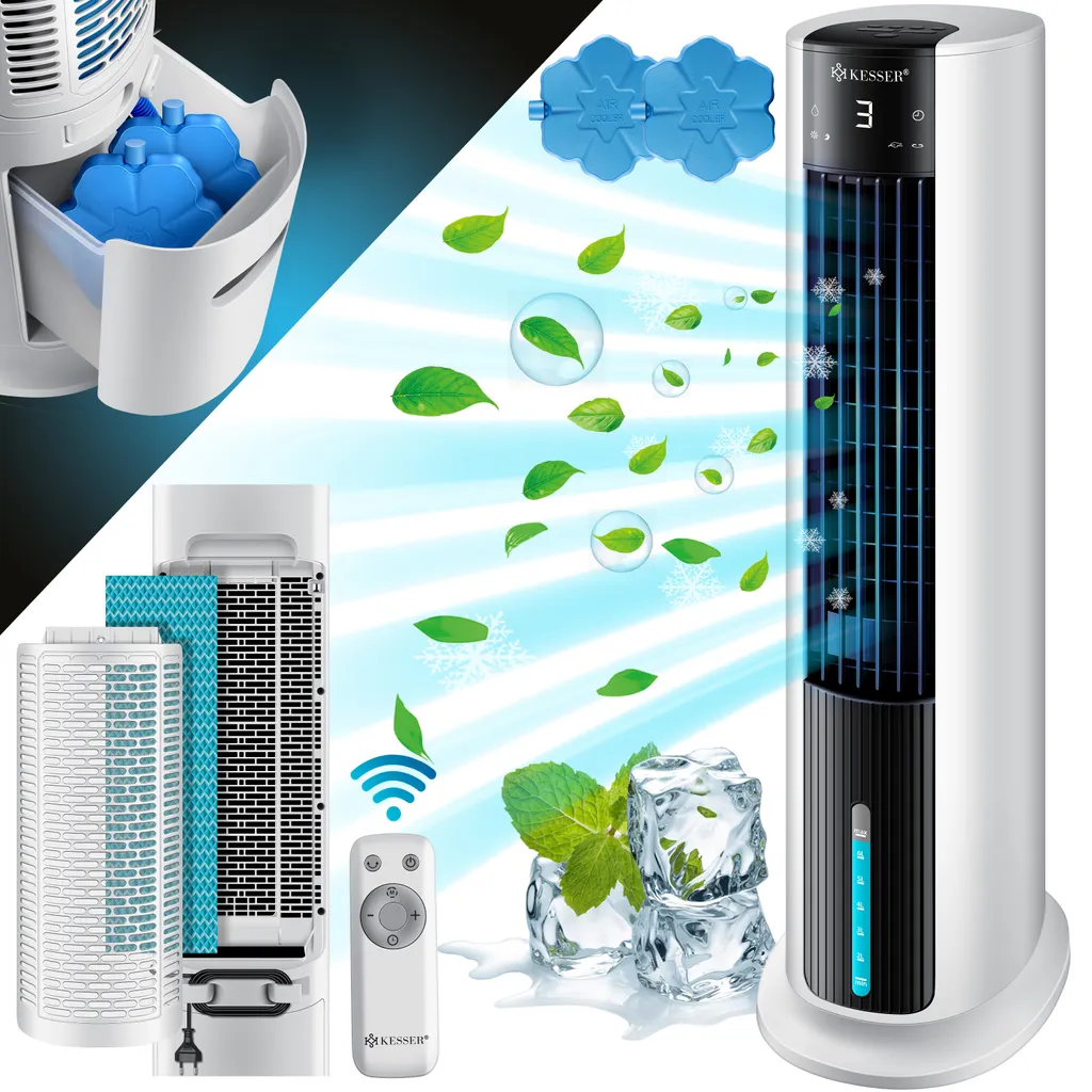 KESSER® 4in1 Mobile Klimaanlage Tower Klimagerät Ventilator/Luftkühler/Luftbefeuchter/Ionisator, Mit Fernbedienung , Timer , Wassertank, 60W, Klima , 2 Kühlakkus Turmventilator, Farbe:Weiß / Schwarz 3 KESSER® 4in1 Mobile Klimaanlage Tower Klimagerät Ventilator/Luftkühler/Luftbefeuchter/Ionisator, Mit Fernbedienung , Timer , Wassertank, 60W, Klima , 2 Kühlakkus Turmventilator, Farbe:Weiß / Schwarz