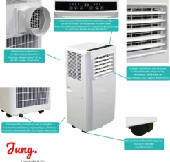 JUNG AIR TV05 Mobiles Klimagerät Mit Fernbedienung + Abluft-Schlauch - 3,2 KW/11000 BTU - STROMSPAREND, GERÄUSCHARM -100m³ Raum Kühlung, Klimaanlage Mobil Leise, Weiß -De'Longhi || Rowenta Verkaufsgeschäft 839b43a065a3c0c90bd6558fe1c5ed3c