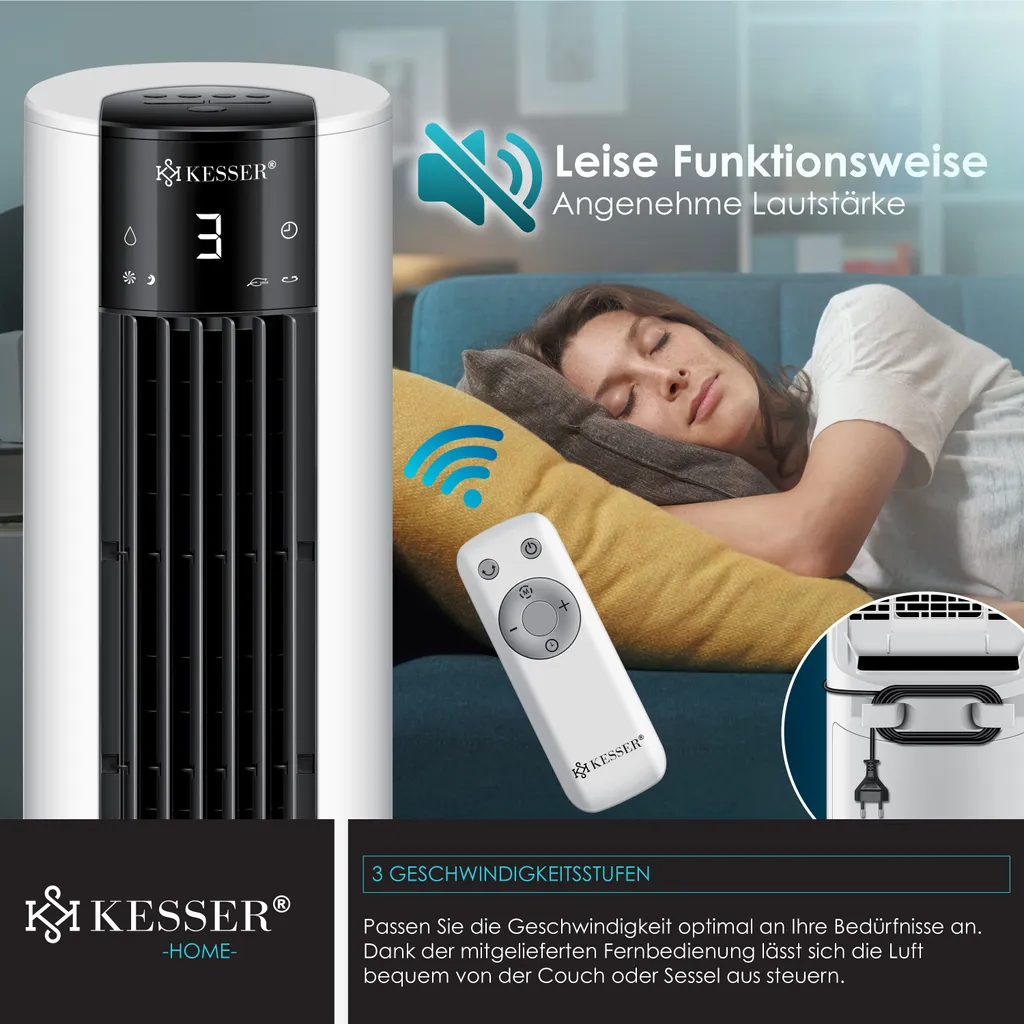 KESSER® 4in1 Mobile Klimaanlage Tower Klimagerät Ventilator/Luftkühler/Luftbefeuchter/Ionisator, Mit Fernbedienung , Timer , Wassertank, 60W, Klima , 2 Kühlakkus Turmventilator, Farbe:Weiß / Schwarz 12 KESSER® 4in1 Mobile Klimaanlage Tower Klimagerät Ventilator/Luftkühler/Luftbefeuchter/Ionisator, Mit Fernbedienung , Timer , Wassertank, 60W, Klima , 2 Kühlakkus Turmventilator, Farbe:Weiß / Schwarz – Bild 10