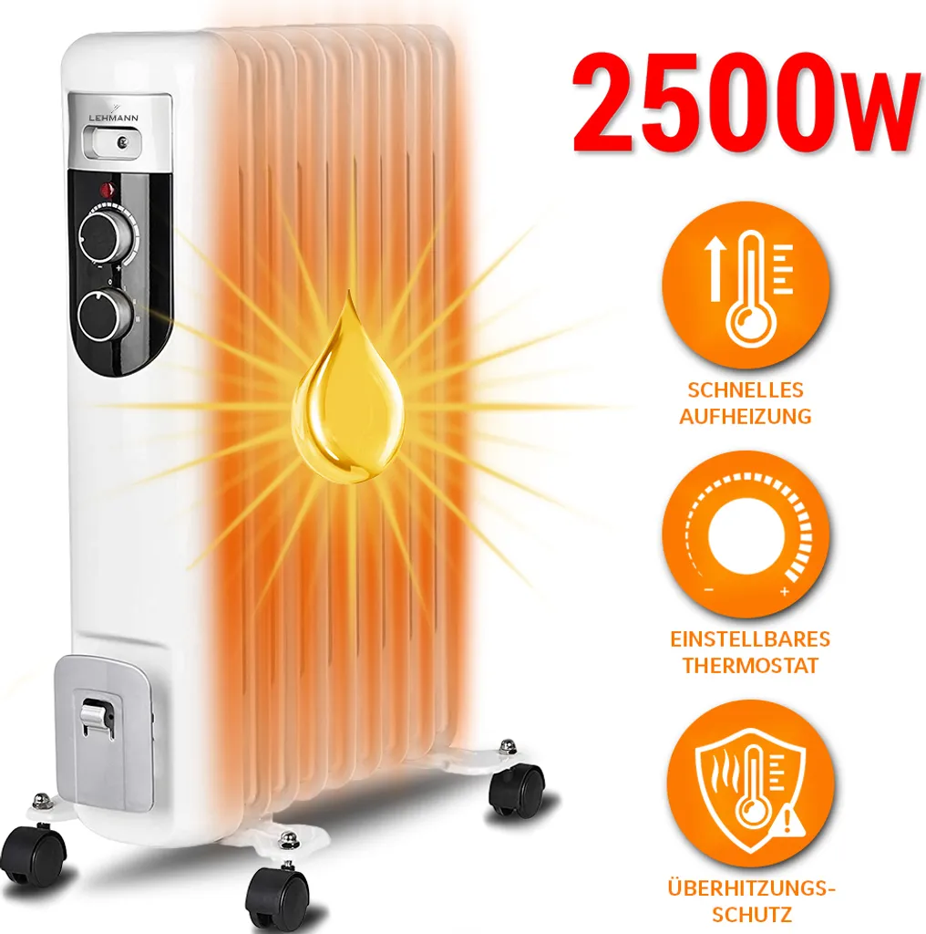 Ölradiator 2500W Lehmann Elektro Heizkörper Mit 11 Rippen Öl Radiator Mobile Elektroheizung Mit Temperaturregelung, Heizung, Heizlüfter, Thermostatregler, Abschaltautomatik, Überhitzungsschutz 2500 Watt, Weiß 3 Ölradiator 2500W Lehmann Elektro Heizkörper Mit 11 Rippen Öl Radiator Mobile Elektroheizung Mit Temperaturregelung, Heizung, Heizlüfter, Thermostatregler, Abschaltautomatik, Überhitzungsschutz 2500 Watt, Weiß