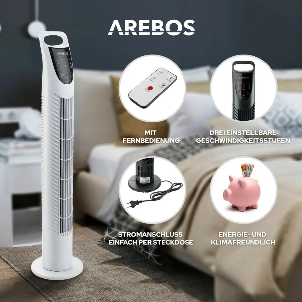 AREBOS Turmventilator Mit Fernbedienung & Timer, 40 Watt, Mit 3 Geschwindigkeitsstufen & Sleep-Modus, Weiß 8 AREBOS Turmventilator Mit Fernbedienung & Timer, 40 Watt, Mit 3 Geschwindigkeitsstufen & Sleep-Modus, Weiß – Bild 6