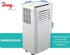 JUNG AIR TV05 Mobiles Klimagerät Mit Fernbedienung + Abluft-Schlauch - 3,2 KW/11000 BTU - STROMSPAREND, GERÄUSCHARM -100m³ Raum Kühlung, Klimaanlage Mobil Leise, Weiß -De'Longhi || Rowenta Verkaufsgeschäft 8eb70d951197eb806dc8a76e60e99aa3
