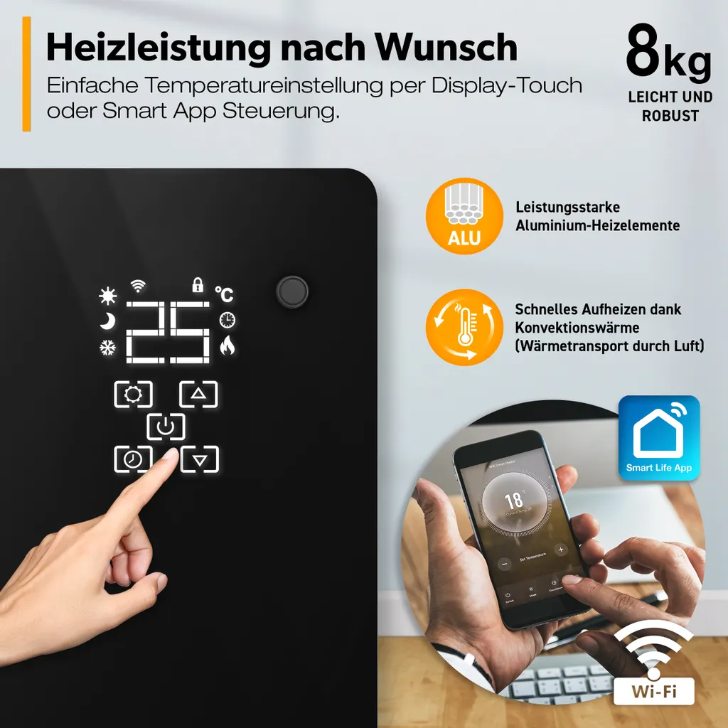 TRESKO® Elektroheizung Schwarz 2000W Inkl. WiFi & APP Glaskonvektor Konvektor Wand Heizung Glas Heizkörper Bad 6 TRESKO® Elektroheizung Schwarz 2000W Inkl. WiFi & APP Glaskonvektor Konvektor Wand Heizung Glas Heizkörper Bad – Bild 4