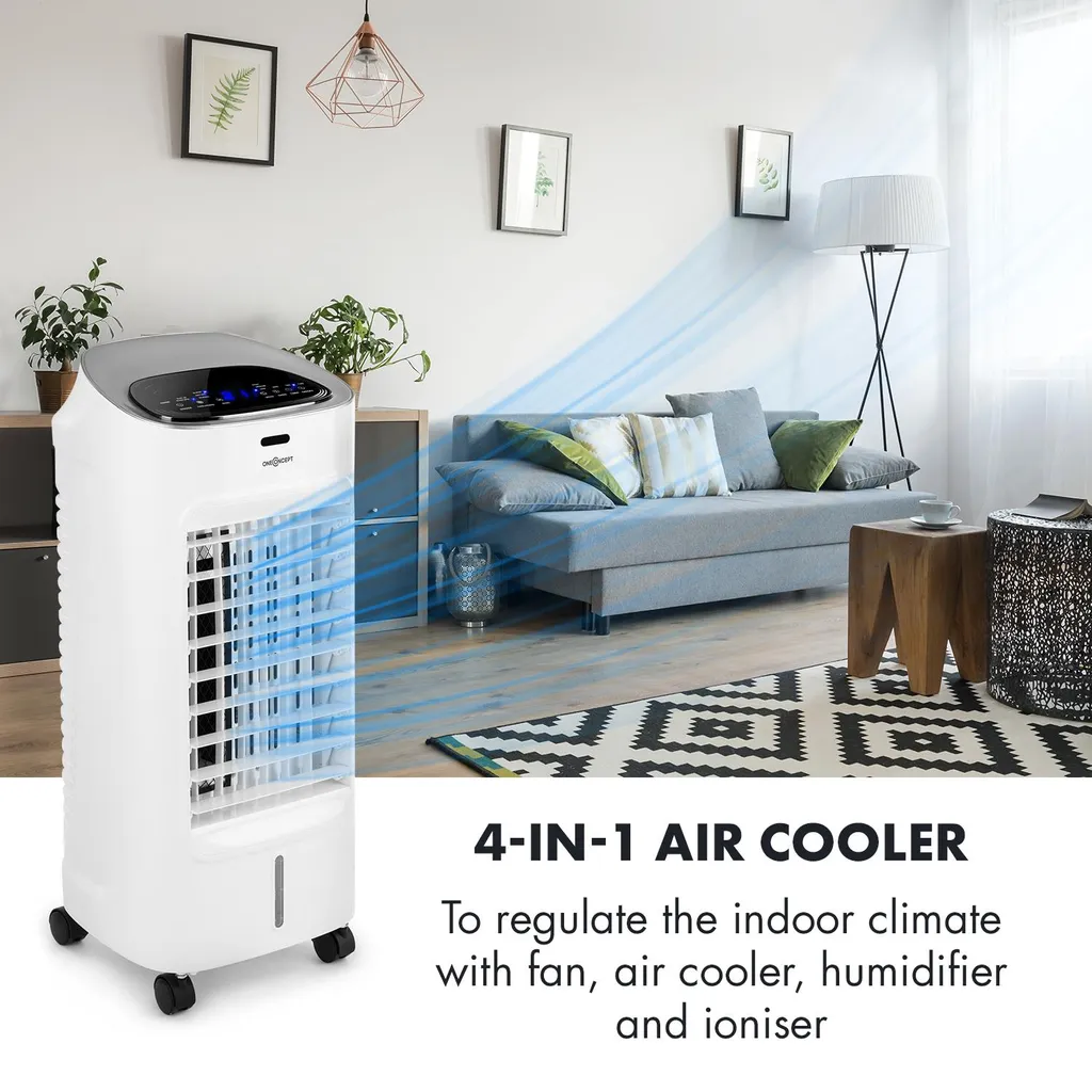 OneConcept Coolster 4-in-1 Klimagerät - Luftkühler, Ventilator, Ionisator Und Luftbefeuchter , 320 M³/h Luftstrom , Zuschaltbarer Oszillation , Abschalt-Timer Bis 9 H , Touch-Bedienung , Weiß 5 OneConcept Coolster 4-in-1 Klimagerät - Luftkühler, Ventilator, Ionisator Und Luftbefeuchter , 320 M³/h Luftstrom , Zuschaltbarer Oszillation , Abschalt-Timer Bis 9 H , Touch-Bedienung , Weiß – Bild 3